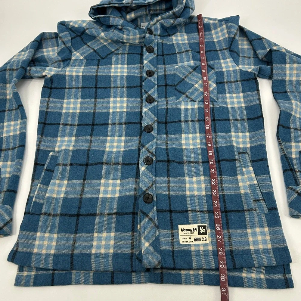 YoungLA Flannel Shirt Jacket Mens Large Blue Plaid Hooded Shacket Streatwear